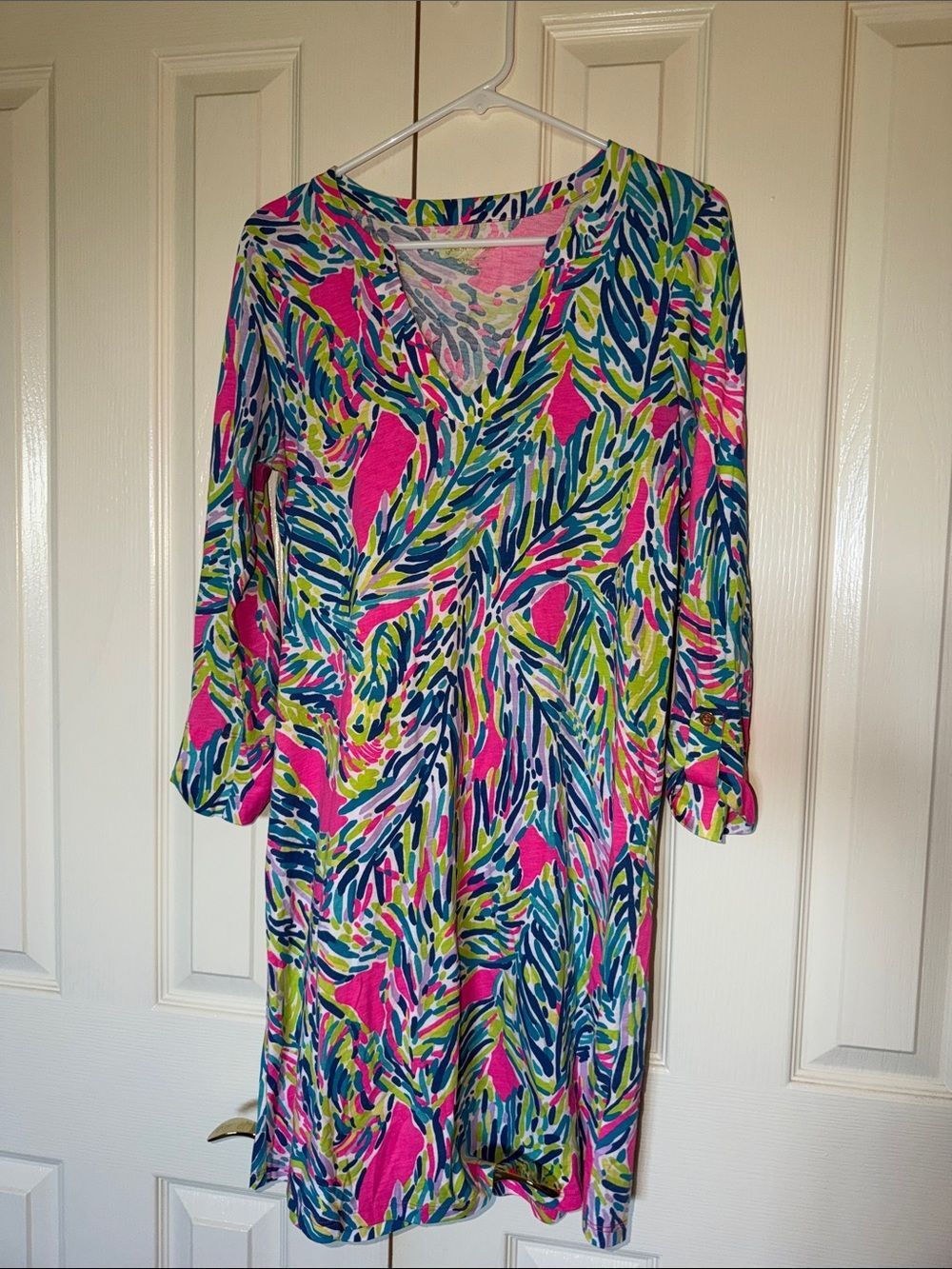 Lilly Pulitzer Pink Blue Green Printed V-Neck Long Sleeve Shift Dress